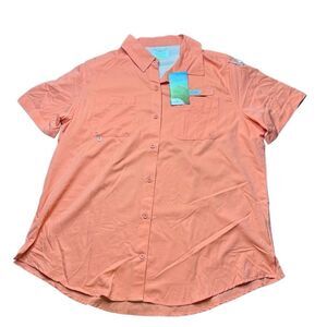 NWT Ocean + Coast Lined Casual Button Up Shirt Mens L Short Sleeve Orange